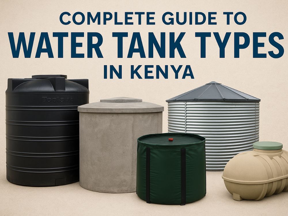 common water storage tank types in Kenya: plastic, concrete, and steel for residential and commercial use.