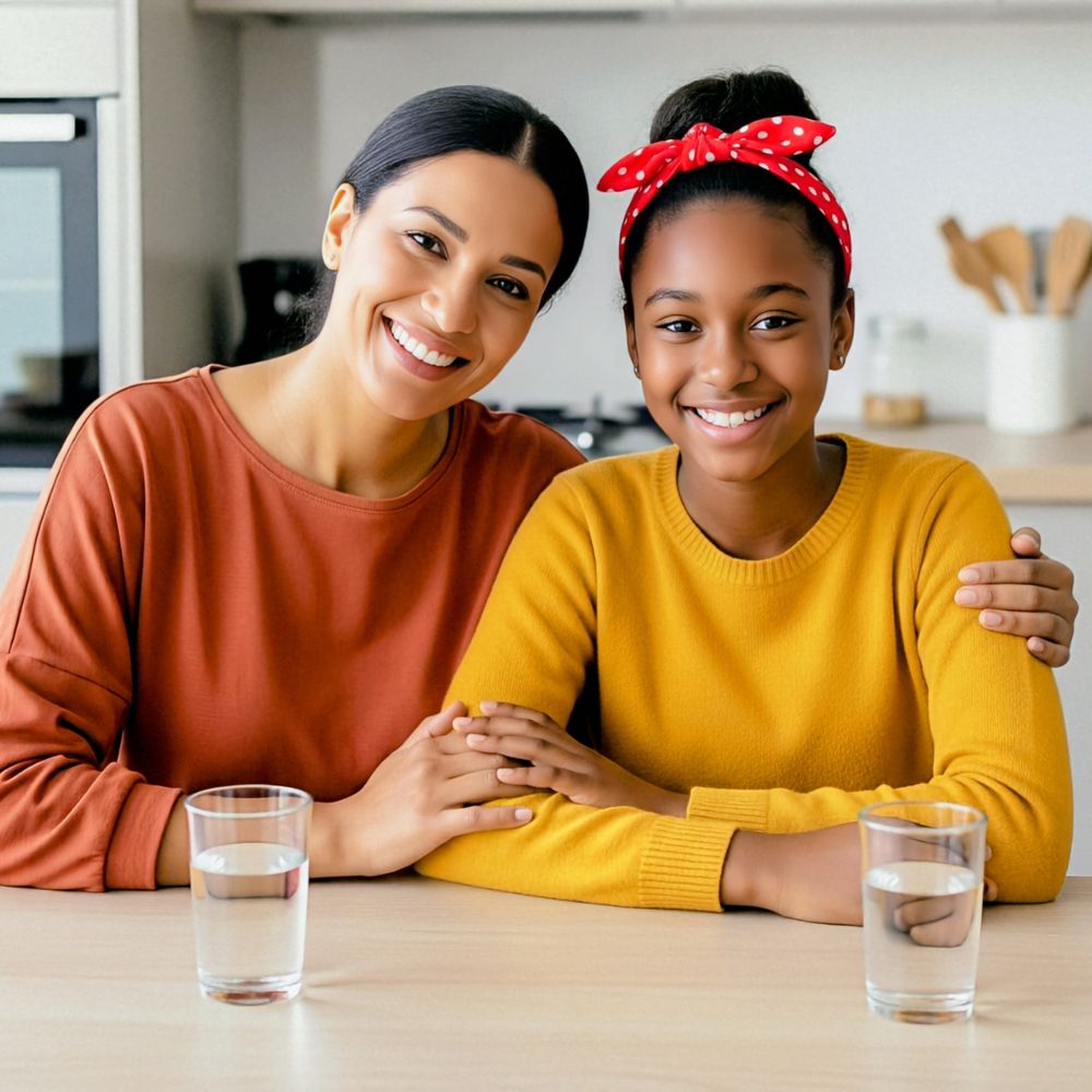 A family enjoys fresh, clean drinking water at home, highlighting the benefits of KiTank's professional water tank cleaning and maintenance services.