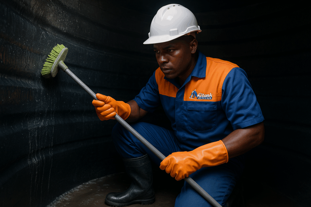 Professional cleaner in full safety gear performing water tank cleaning in Nairobi Kenya.