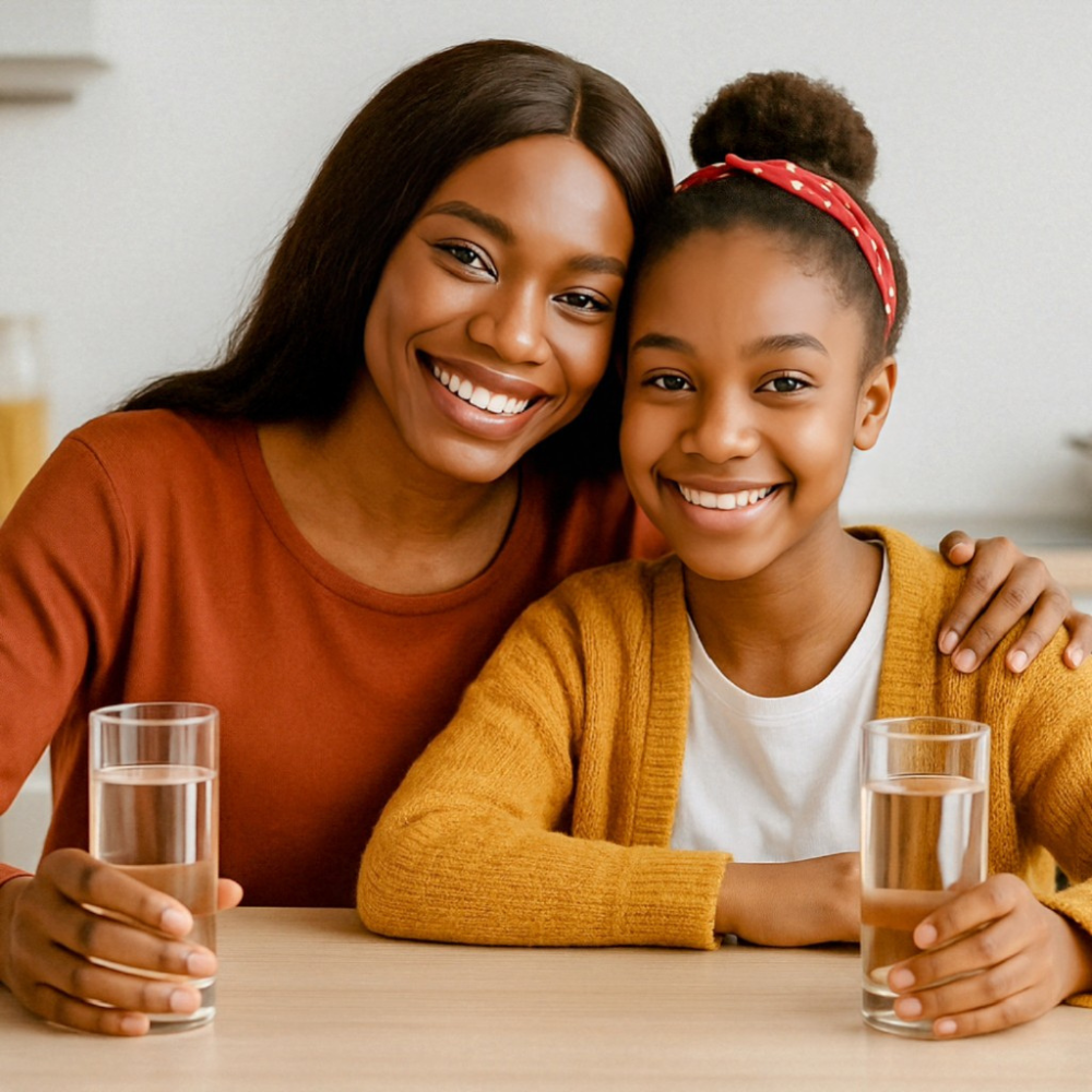 drinking water from a clear glass, symbolizing safety and health as a result of knowing how to keep water clean in a storage tank