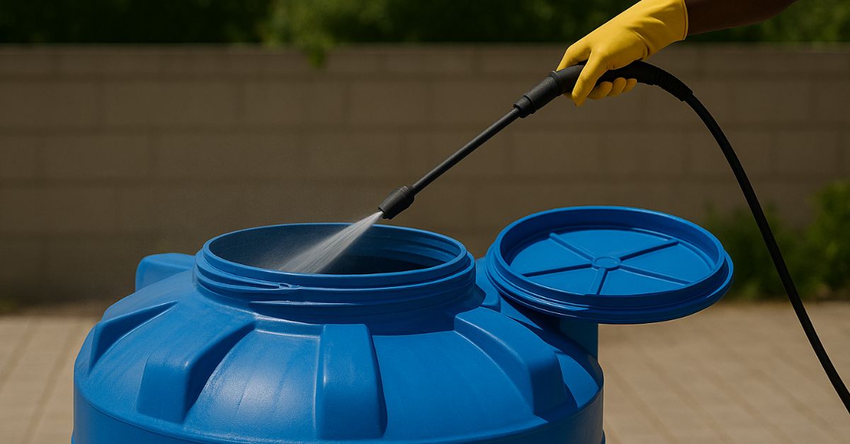 Water tank cleaning Worker using high-pressure jet to clean blue water tank in Kenya