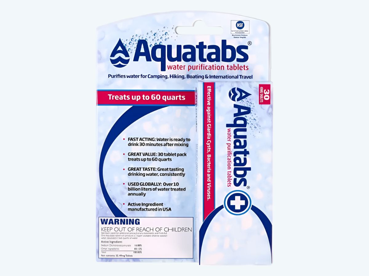 Aquatabs water purification tablets, a simple method to help keep stored water fresh and safe for drinking.