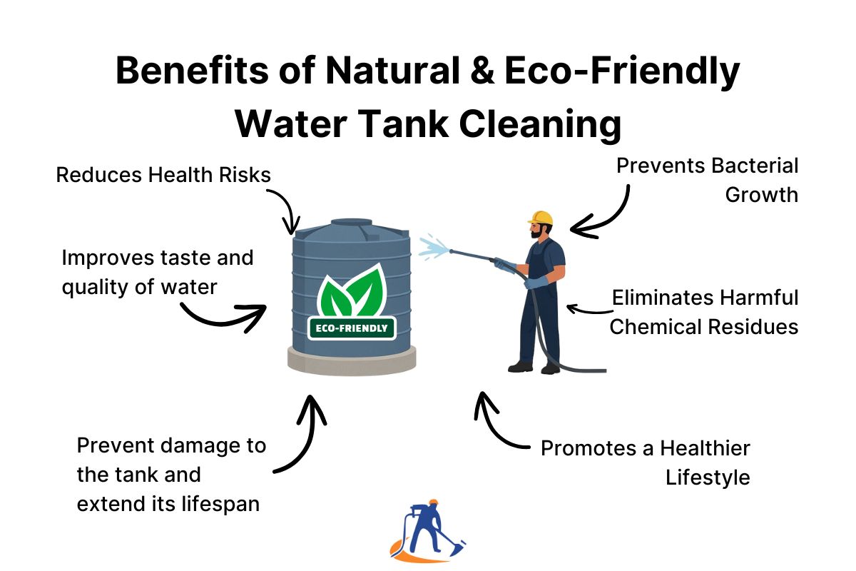 Infographic showing the benefits of non-toxic and biodegradable cleaning agents for water tanks.