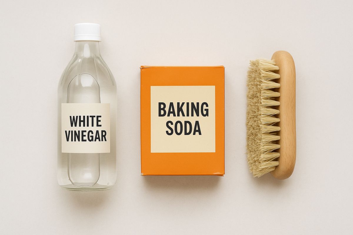 DIY eco-friendly water tank cleaning tools including vinegar, baking soda, and a stiff scrubbing brush