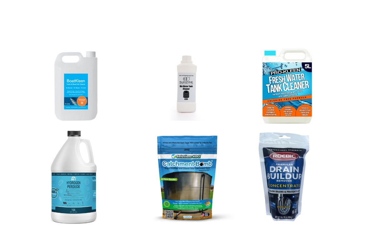 eco-friendly water tank cleaning products, including BoatKleen, Hydrogen Peroxide, Sukizyme Water Tank Cleaner, Catchment Bomb, Pro-Kleen Fresh Water Tank Cleaner, and Roebic Granular Drain Buildup Remover.