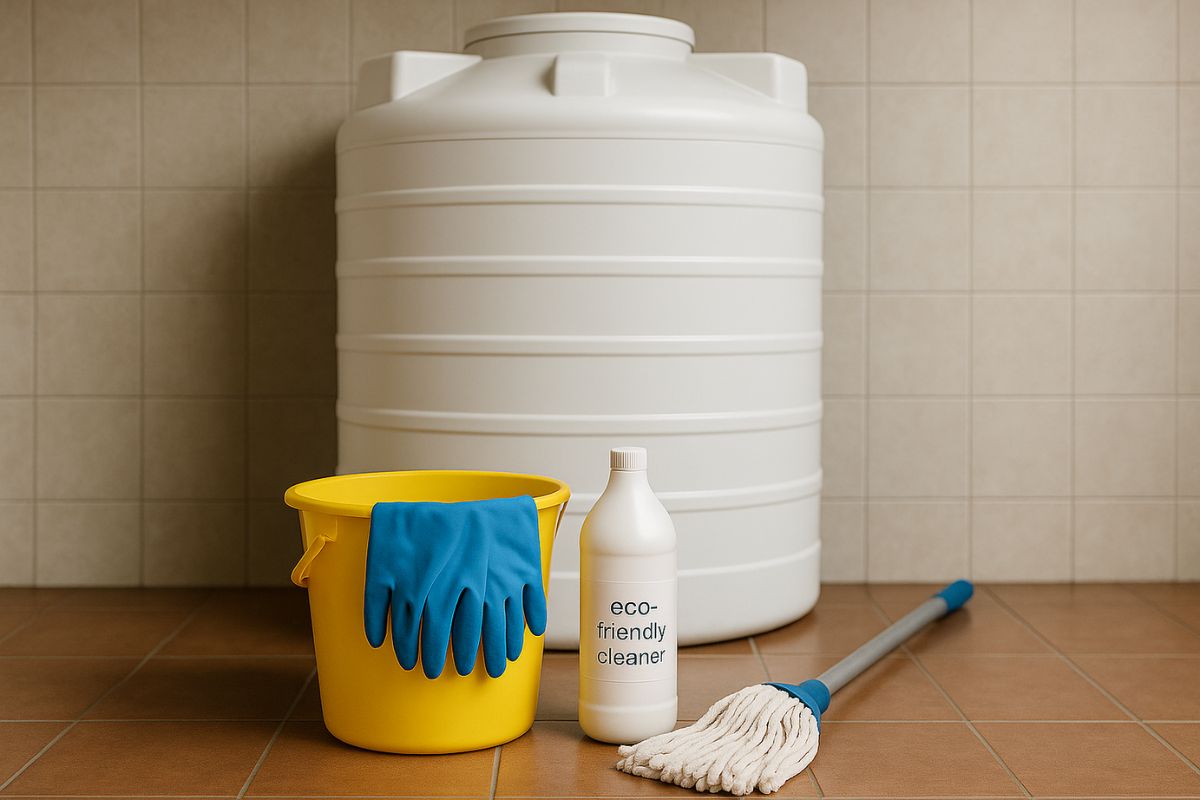 Collection of safe water tank cleaning products used for cleaning a home water tank, including eco-friendly cleaner and protective gear.