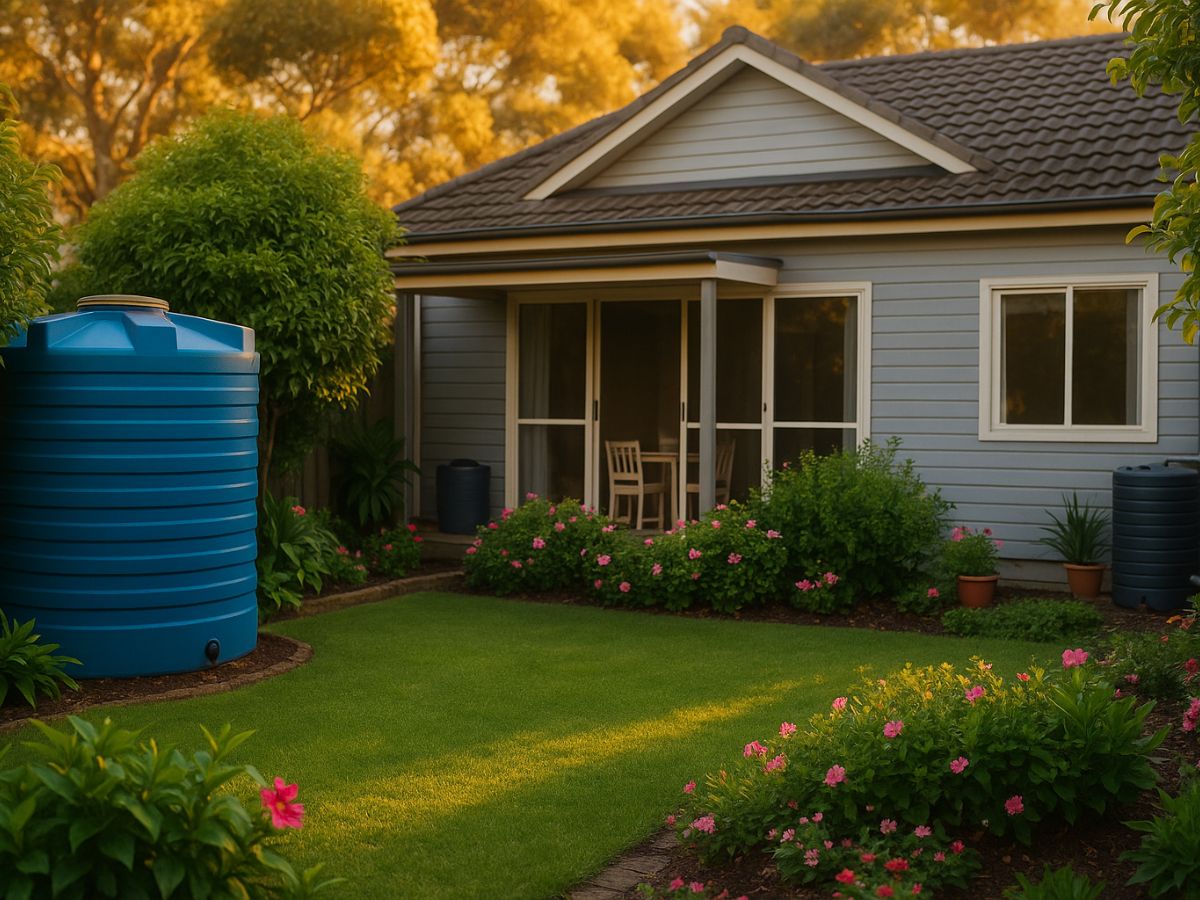Large blue water tank in a home's backyard, an example of choosing the correct water tank size for residential needs.