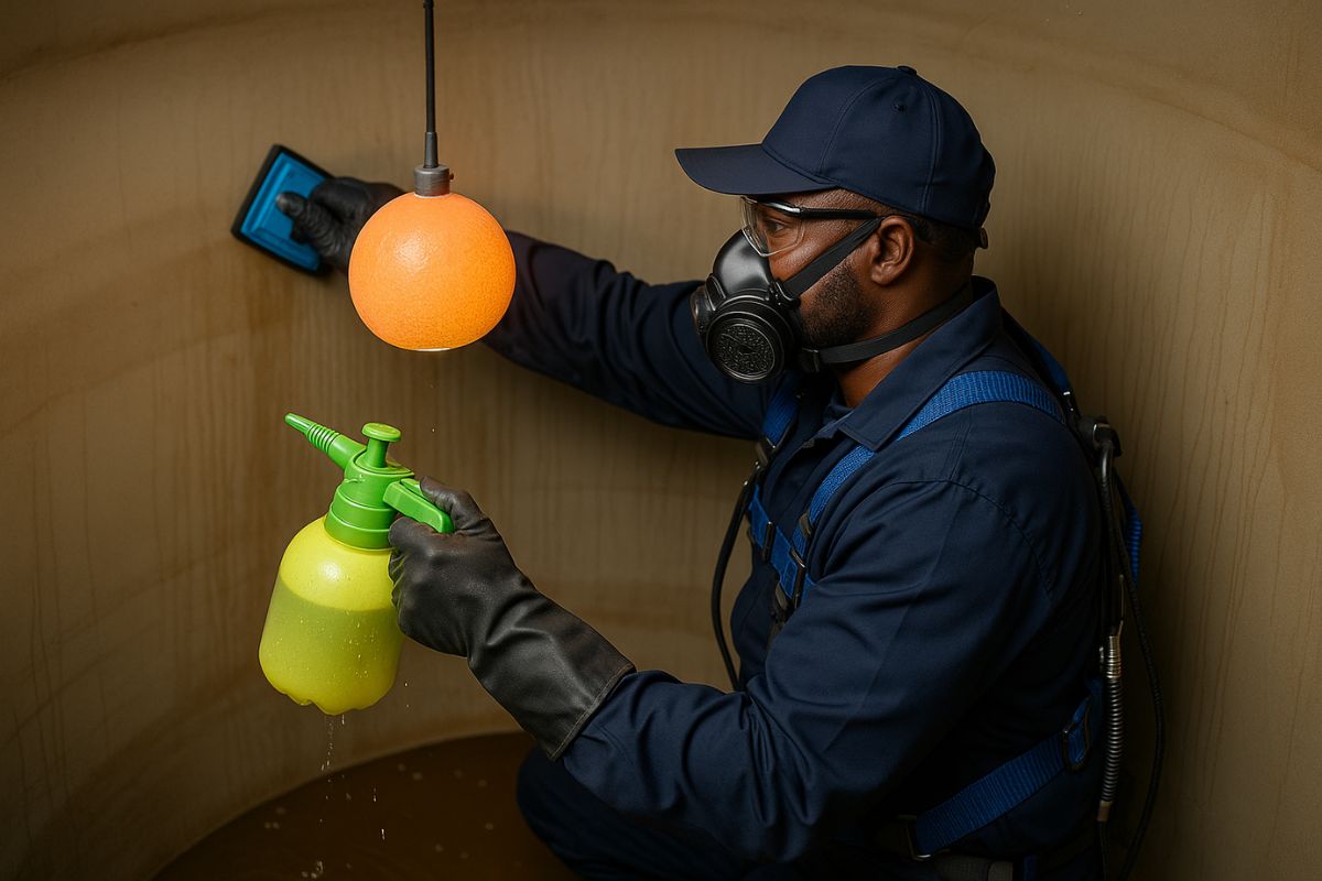 A certified water tank cleaner wearing protective gear and using professional tools and safe chemical handling methods.