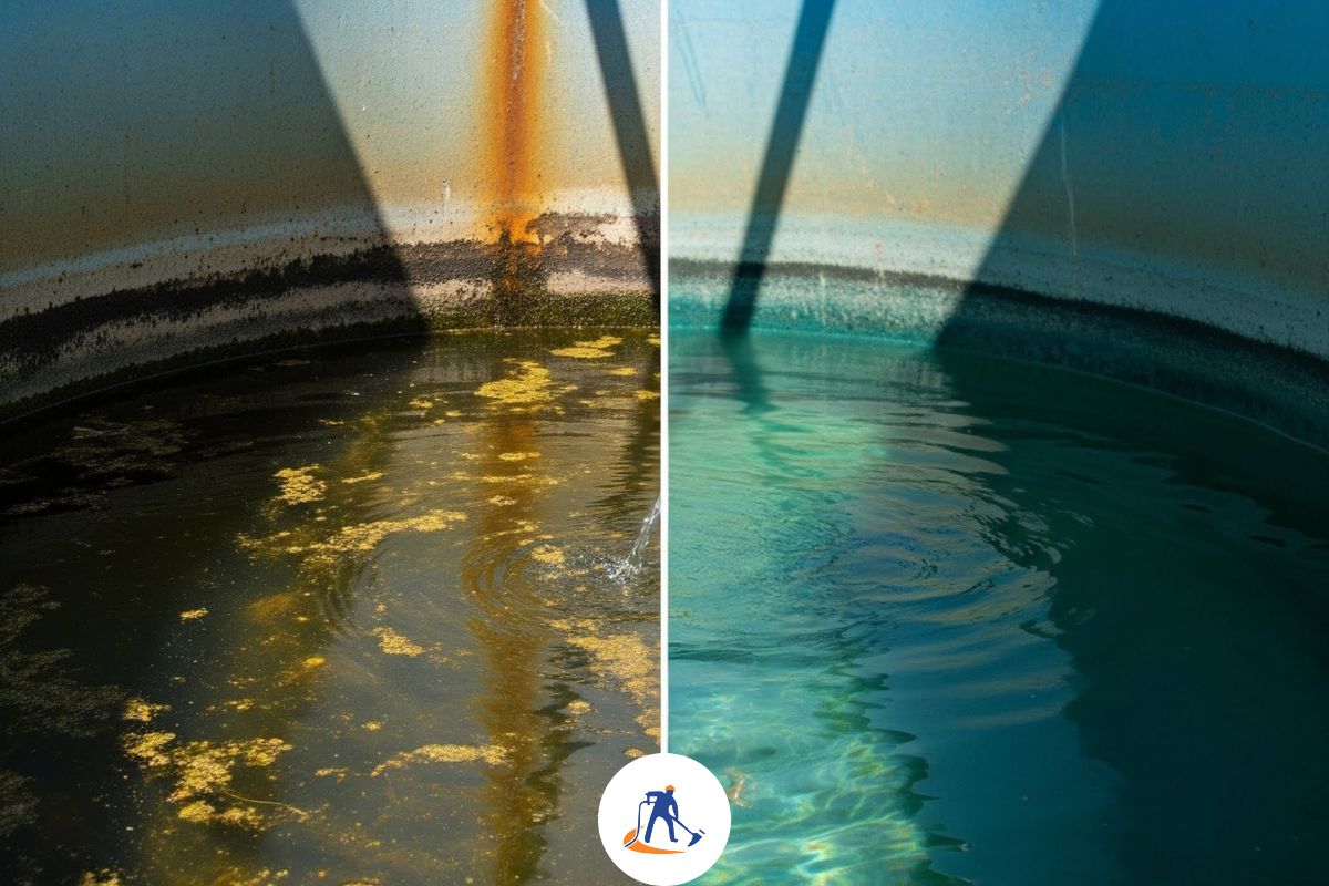 Before and after cleaning a dirty water tank. Left: Murky water highlights contamination issues. Right: The solution is clear water and a clean tank after a professional cleaning.