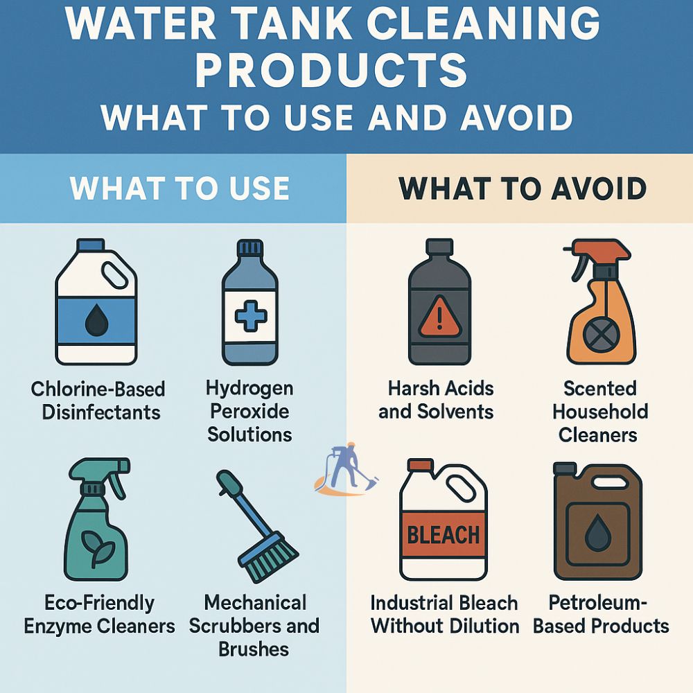 A visual guide to safe and unsafe water tank cleaning products to use and avoid.