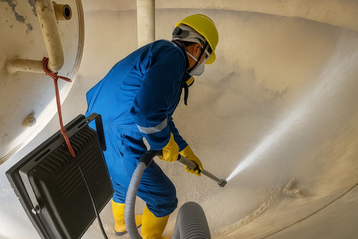 A professional technician performing a safe and eco-friendly water tank cleaning service