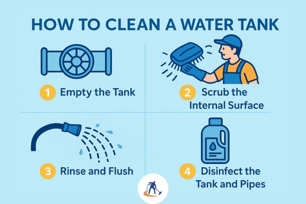 Illustration showing the process of how to clean your water storage tank at home easily: empty tank, scrub internal surface, rinse and flush, disinfect tank and pipes.