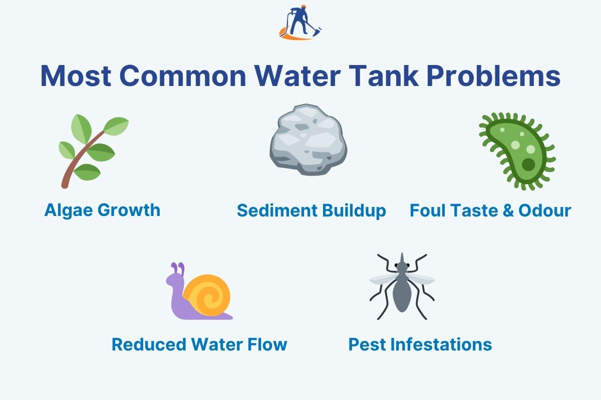 Infographic showing common water tank problems including algae growth, sediment buildup, foul taste and odor, reduced water flow, and pest infestations.