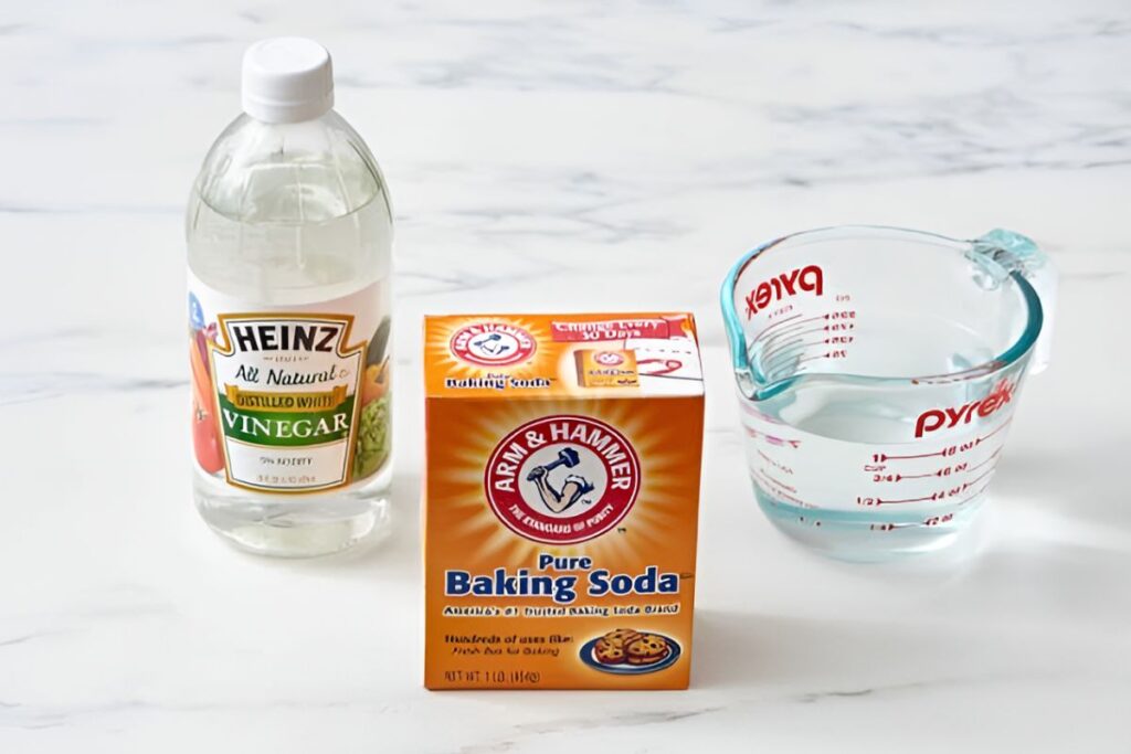 White Vinegar bottle, baking soda box, and a measuring cup with water, set on a marble surface, illustrating ingredients for water tank cleaning
