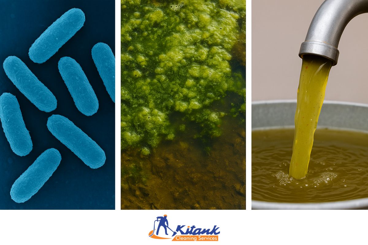 Common water contaminants including bacteria, algae, and sediments with rust particles, illustrating potential impurities in water sources.