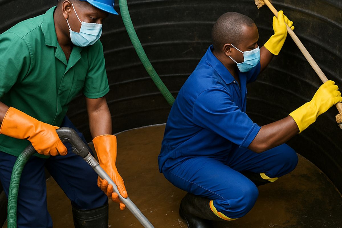 water tank cleaning services team cleaning a large water tank in Kenya