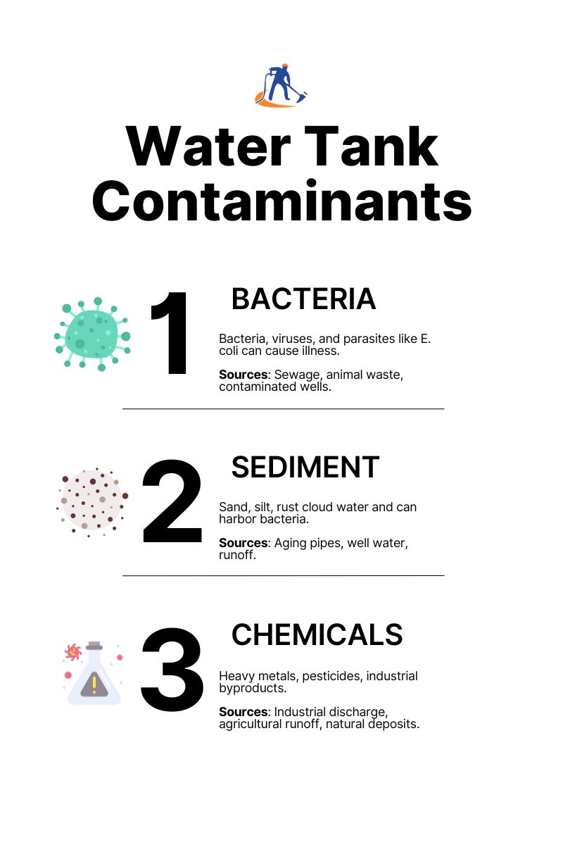 Infographic showing various water tank contaminants like biological, physical, and chemical threats.