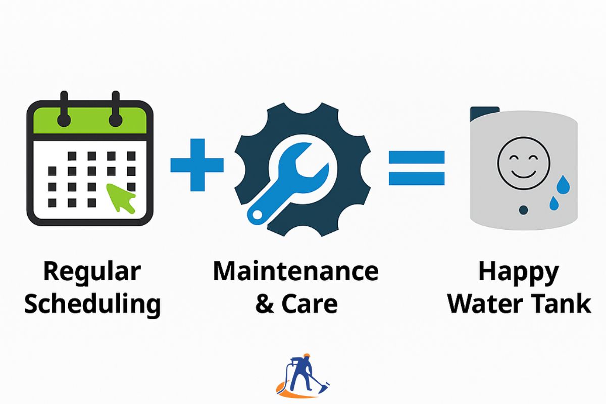Iconographic representation showing regular scheduling plus maintenance and care equals a happy water tank, illustrating the importance of water tank maintenance.