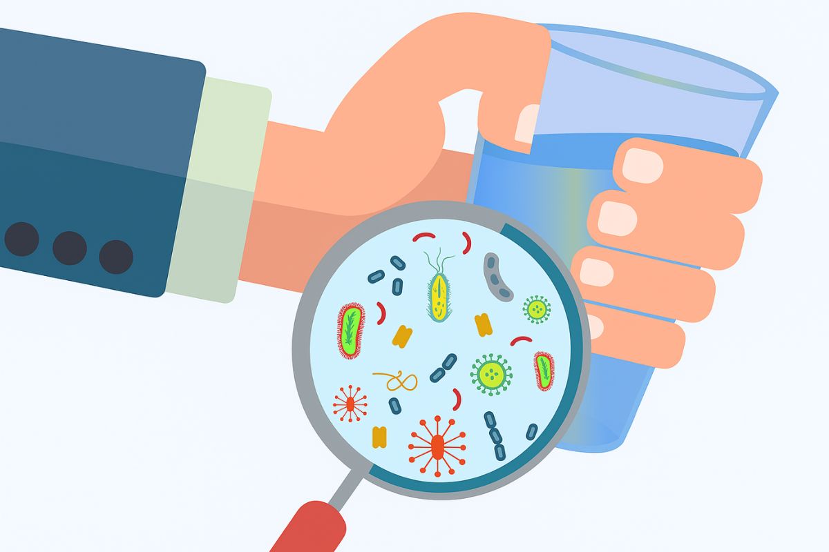 Magnified view of waterborne pathogens in a glass of water, highlighting the risk of contaminated water
