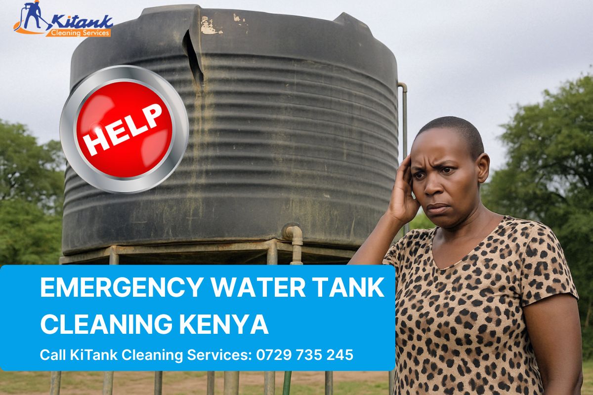 Distressed woman next to a cracked water tank, highlighting the need for emergency water tank cleaning services in Kenya.