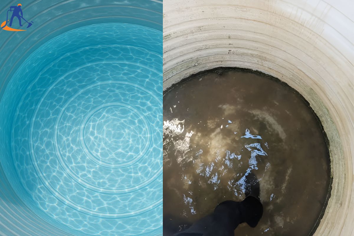well-maintained water tank vs a neglected contaminated tank with algae growth and sediment