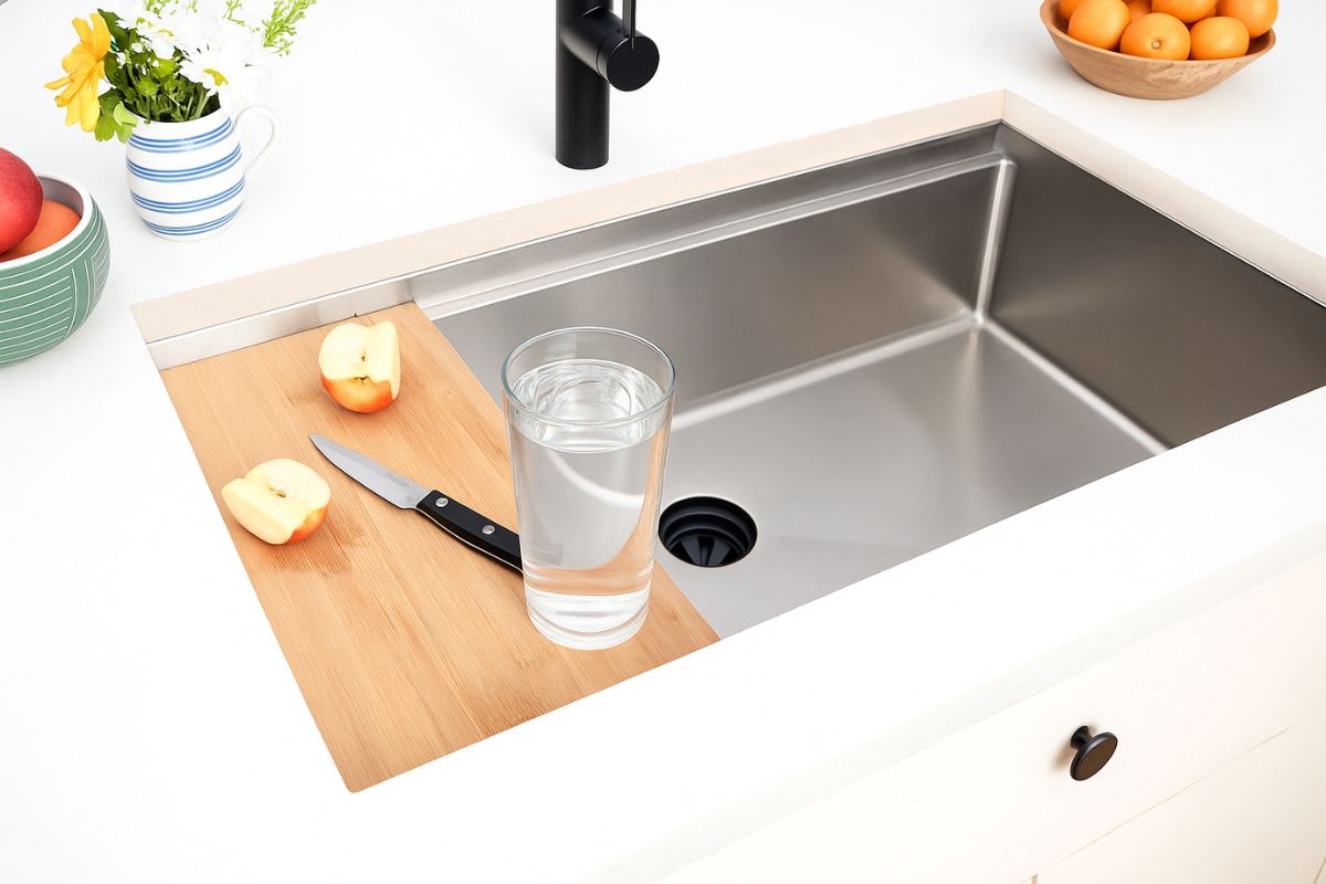 Clean water in a glass next to a well-maintained sink, illustrating the importance of drain cleaning for water quality from the tank