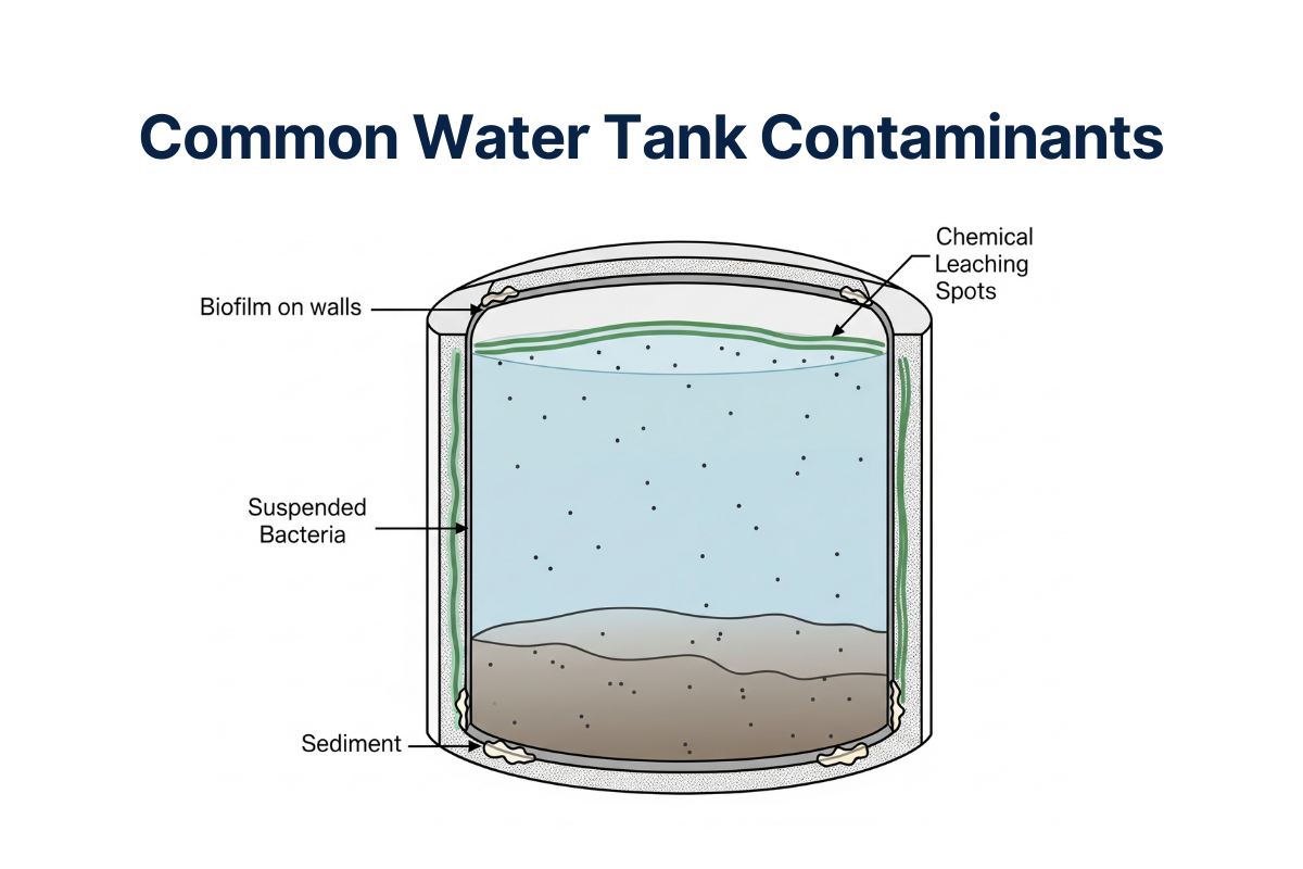 Diagram illustrating common contaminants in a water tank, such as biofilm, sediment, bacteria, and potential spots for chemical leaching that may affect drinking water quality.