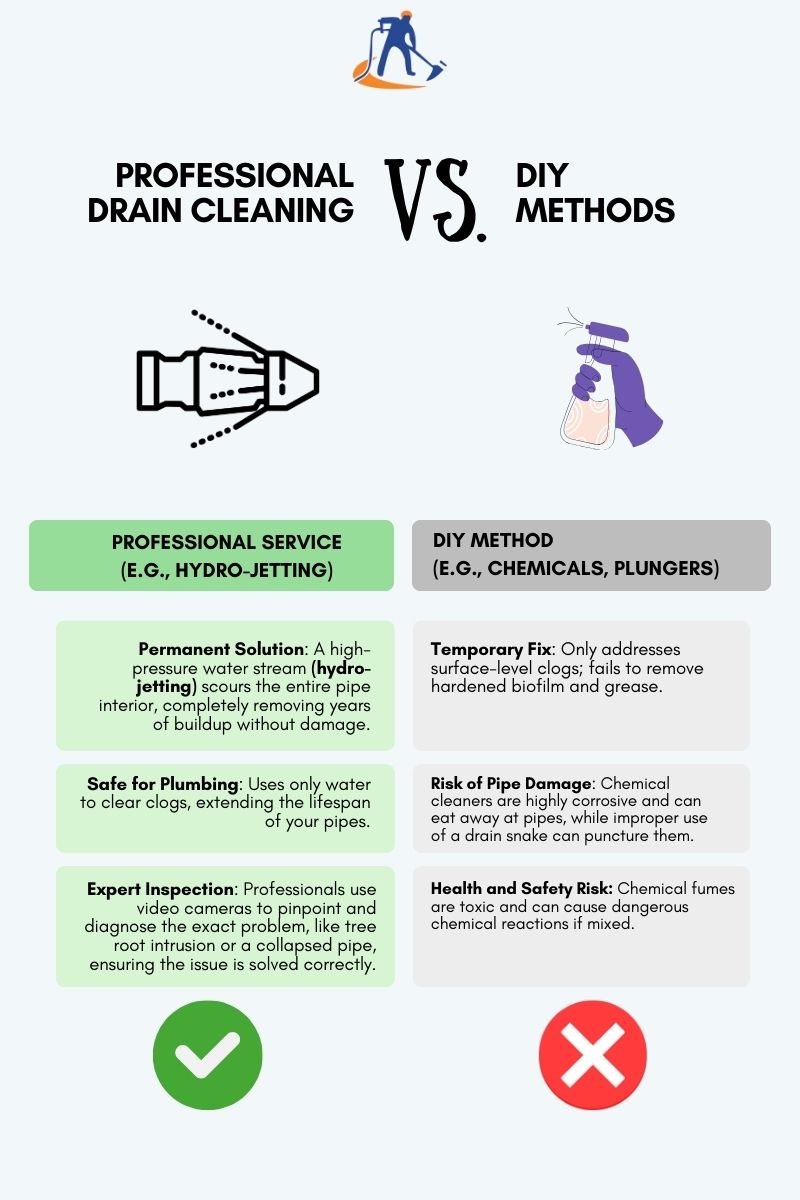 Comparison chart of DIY vs. professional drain cleaning methods