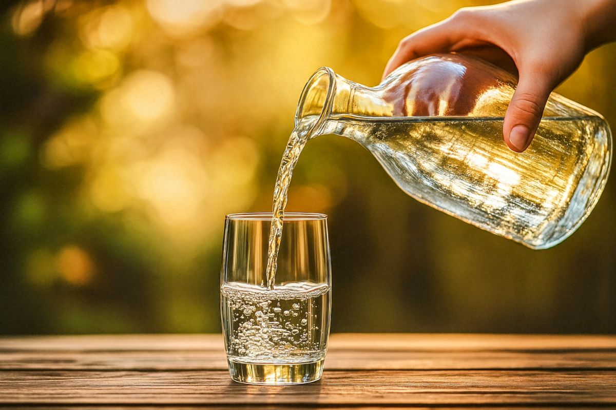 Hand pouring clean, disinfected water into a glass, symbolizing safe drinking water after treatment.