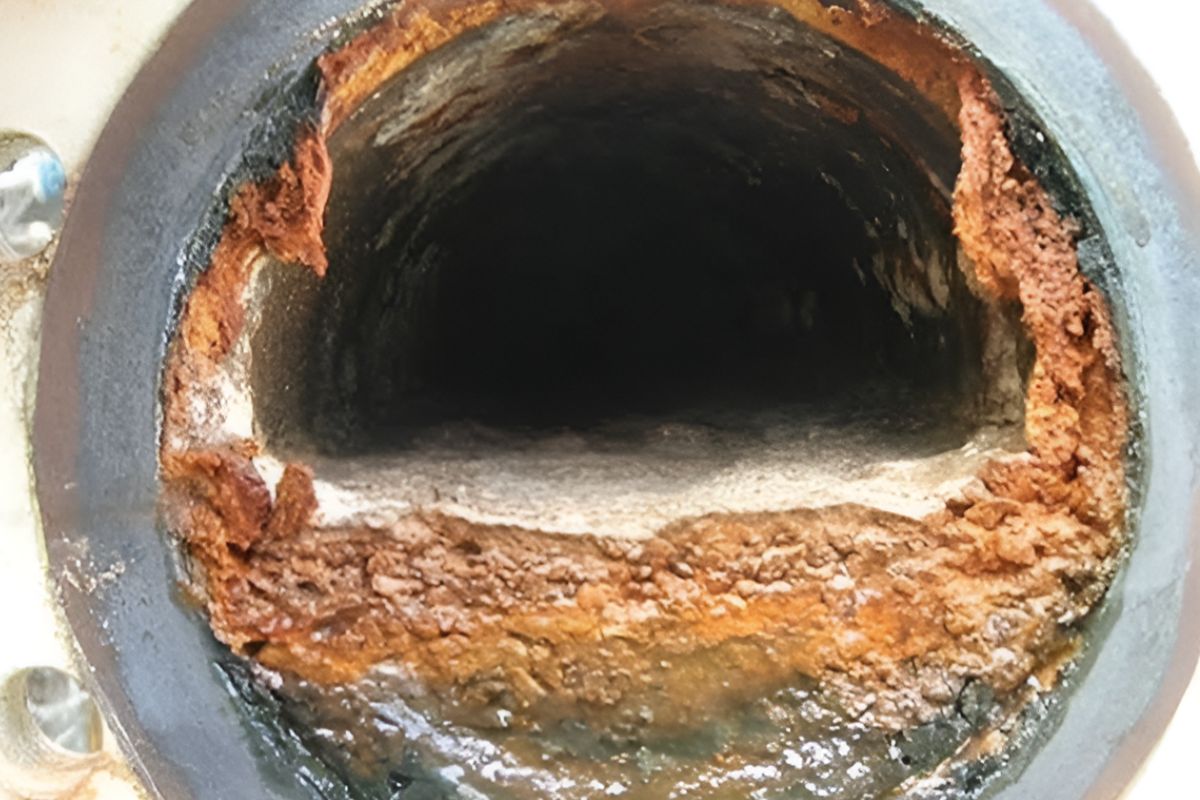 Close-up of hazardous biofilm and rust inside a pipe, indicating potential water tank contamination and drain cleaning necessity.