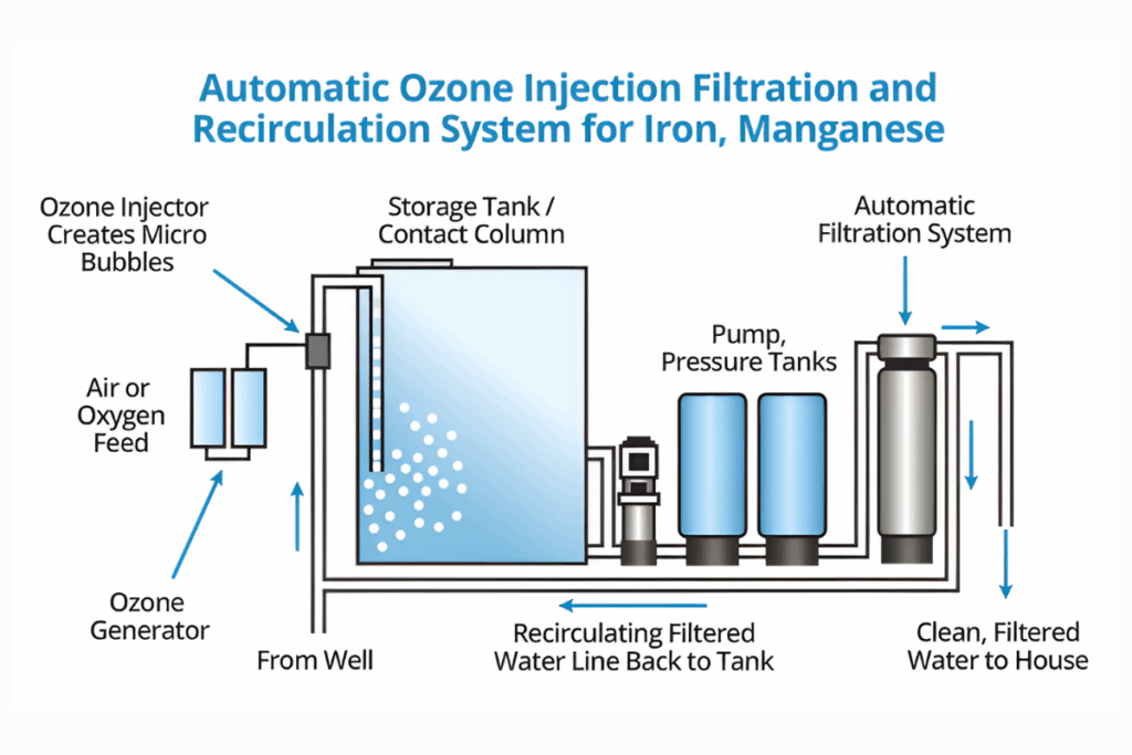 Diagram of an automatic ozone injection filtration and recirculation system for removing iron and manganese from well water, showing ozone generator, injector, storage tank, pump, pressure tanks, and filtration system.