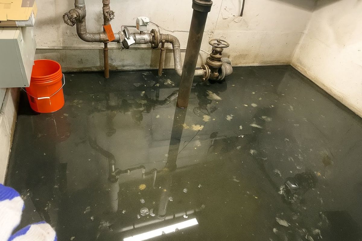 Flooded basement floor with dark, murky water from a sewer backup and backflow, showing plumbing pipes and an orange bucket