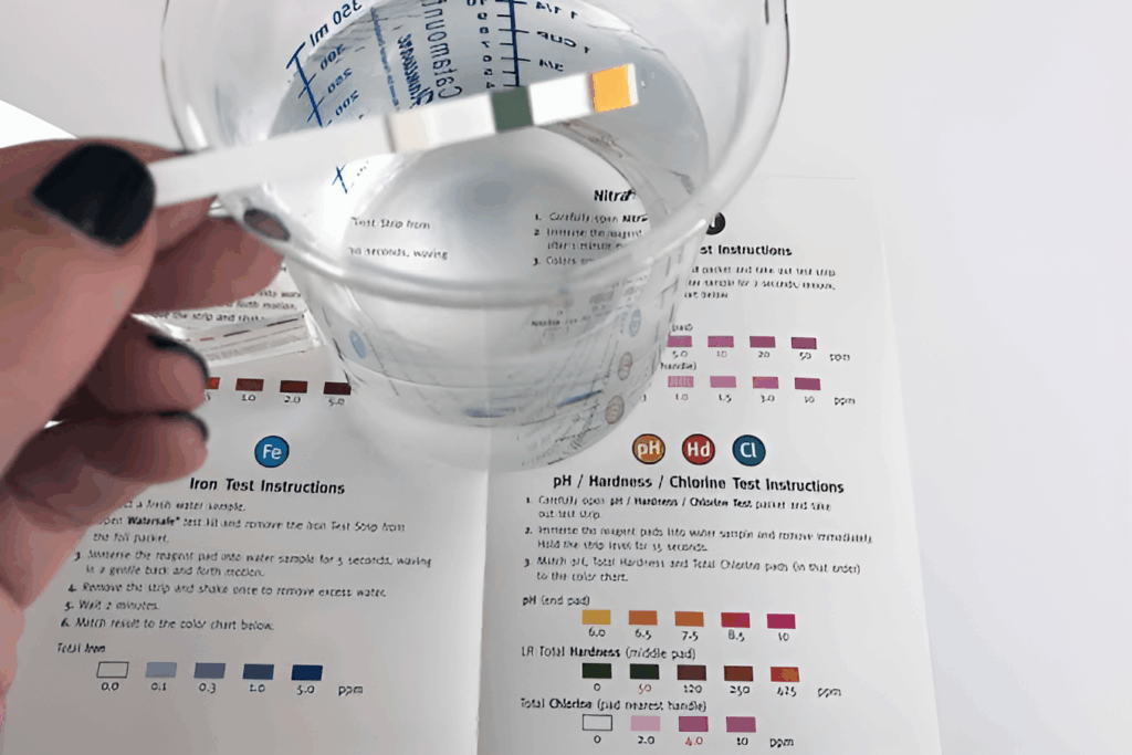 Hand holding a water test strip next to a glass of water and instructions for a DIY water quality test kit, checking for impurities like iron, pH, hardness, and chlorine.