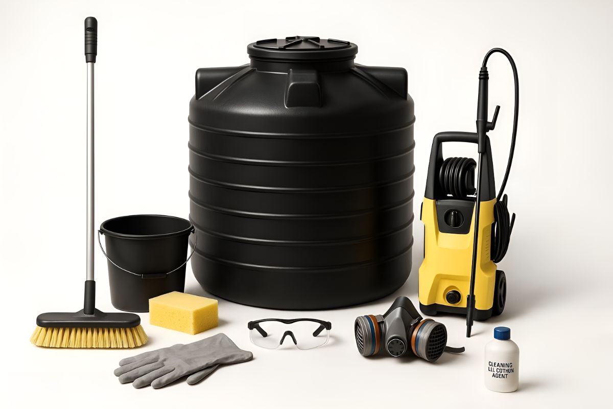 Various types of equipment used for water tank cleaning and maintenance, ranging from manual tools to automated machines