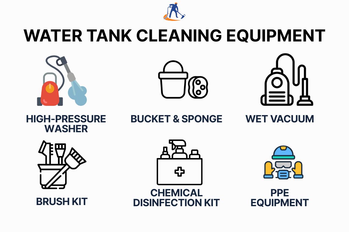 List of Essential tools and equipment required for effective and safe water storage tank cleaning
