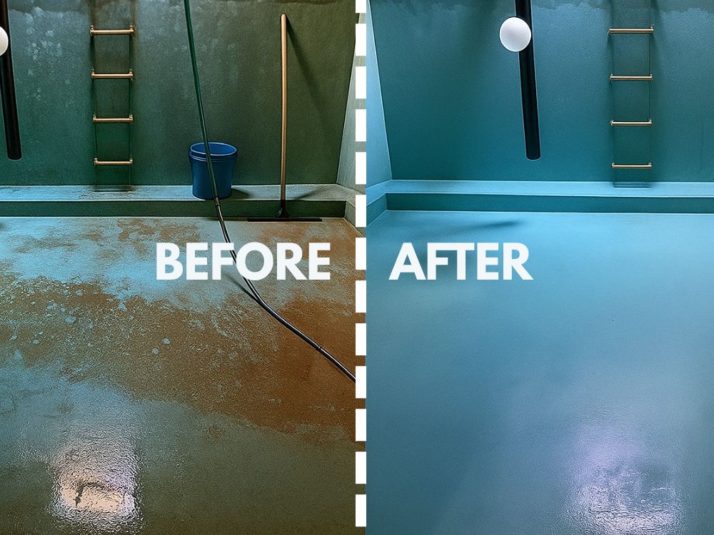 Before and after professional commercial underground concrete water tank cleaning in Nairobi, showing sludge removal and a sanitized tank