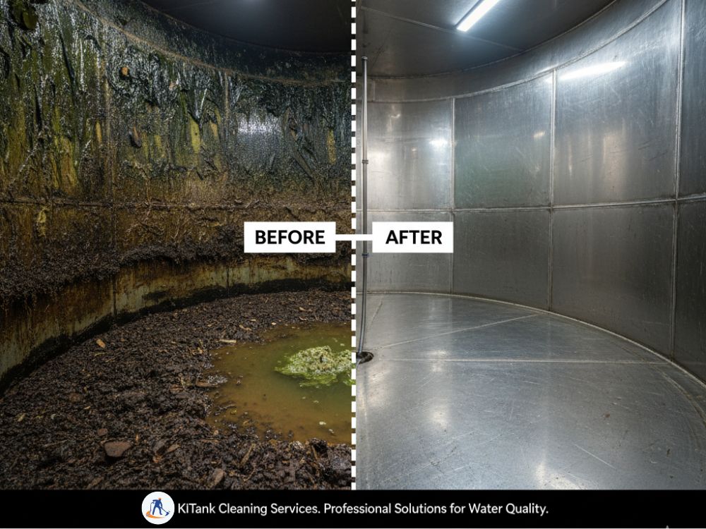before-and-after comparison showing the dirty interior of a clean stainless steel water tank interior next to the sparkling clean interior after a professional service, highlighting the contrast of neglected vs. maintained commercial water storage.