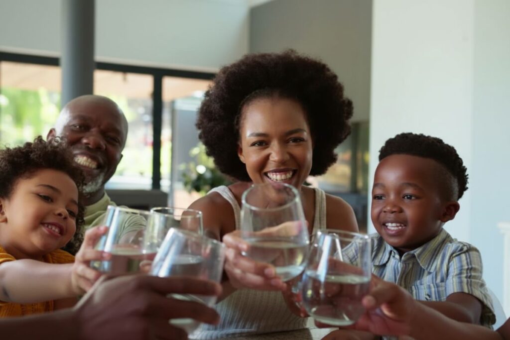 Warm photo of a happy Kenyan family in their kitchen, safely drinking water, symbolizing health, peace of mind, and the benefits of clean water.