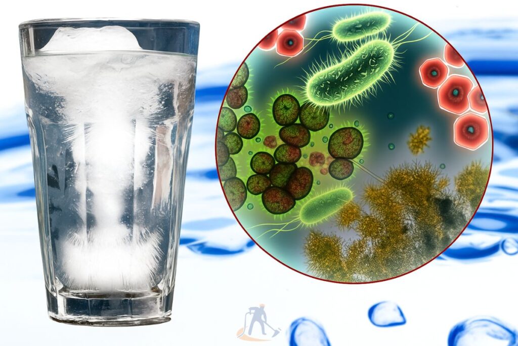 Close-up of a glass of water with a magnified view revealing algae, bacteria, and microorganisms, indicating possible microbial contamination in water