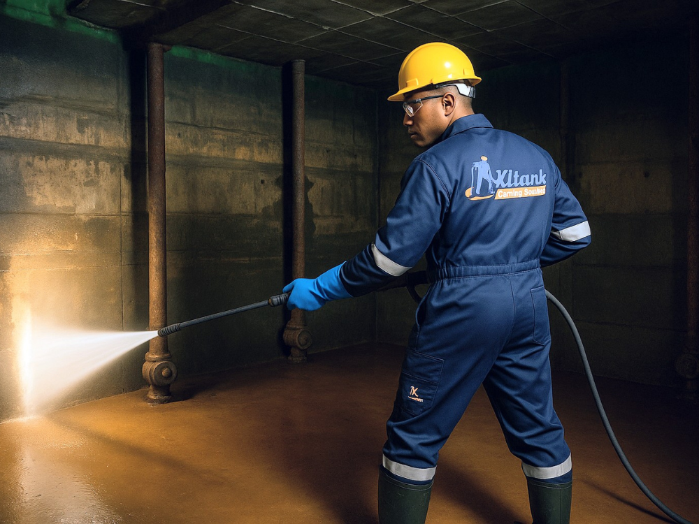 A professional technician performs thorough commercial and industrial underground water tank cleaning and disinfection services in Kenya, using a high-pressure jet to sanitize the tank's interior.
