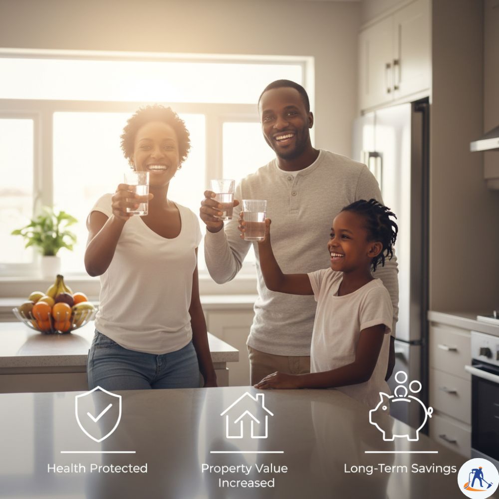 A happy family in Kenya enjoying clean water, symbolizing the return on investment from professional water tank maintenance.