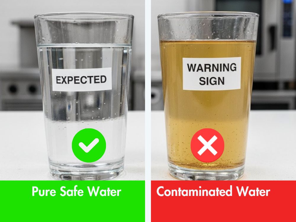 A split image comparing a glass of crystal-clear water with a glass of discolored cloudy, yellowish water, a primary sign that a business water tank in Kenya needs cleaning.