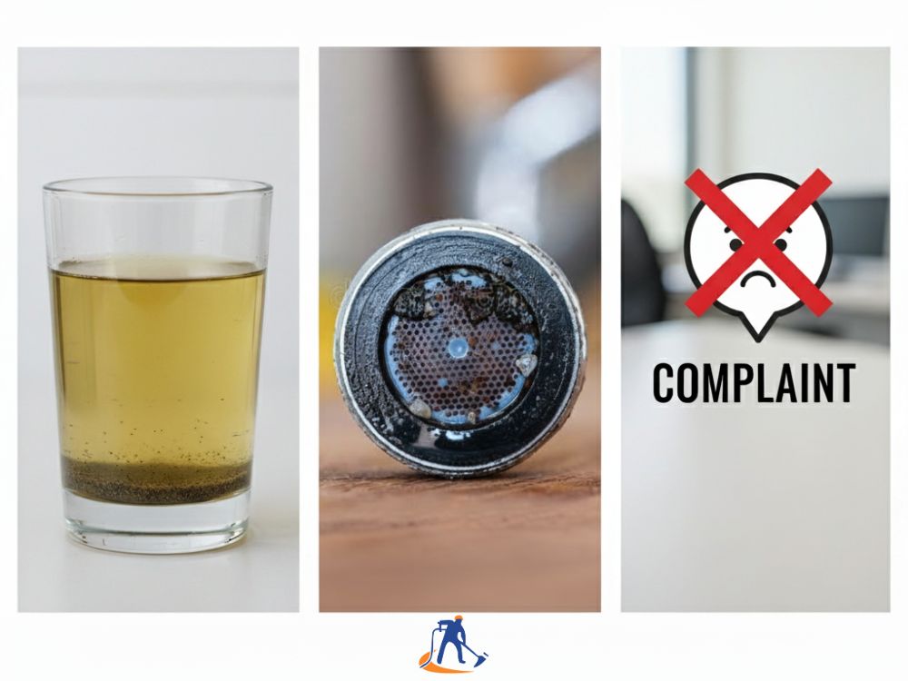 Signs of commercial water tank contamination including murky water and clogged pipes