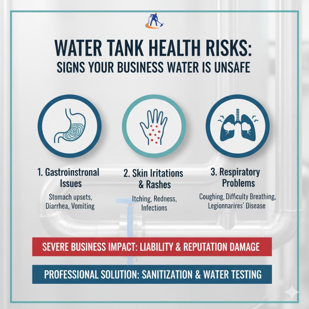 Infographic illustrating water tank health risks, including gastrointestinal issues, skin irritations, and respiratory problems, with a focus on unsafe business water and the solution of sanitization and water testing.