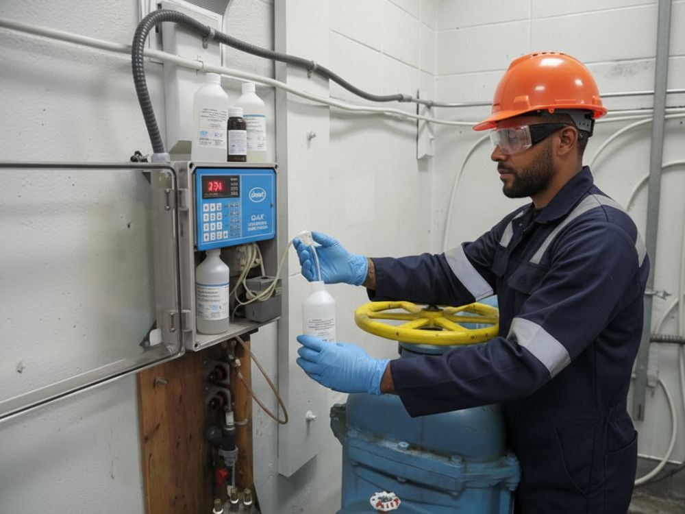 A technician performs a water tank inspection and water quality testing in a Nairobi facility, collecting a water sample for precise laboratory analysis to identify contaminants.