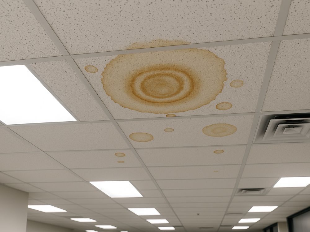 A brown water stain on a white office ceiling tile, a clear sign of a leak from an overhead commercial water tank requiring urgent facility maintenance.