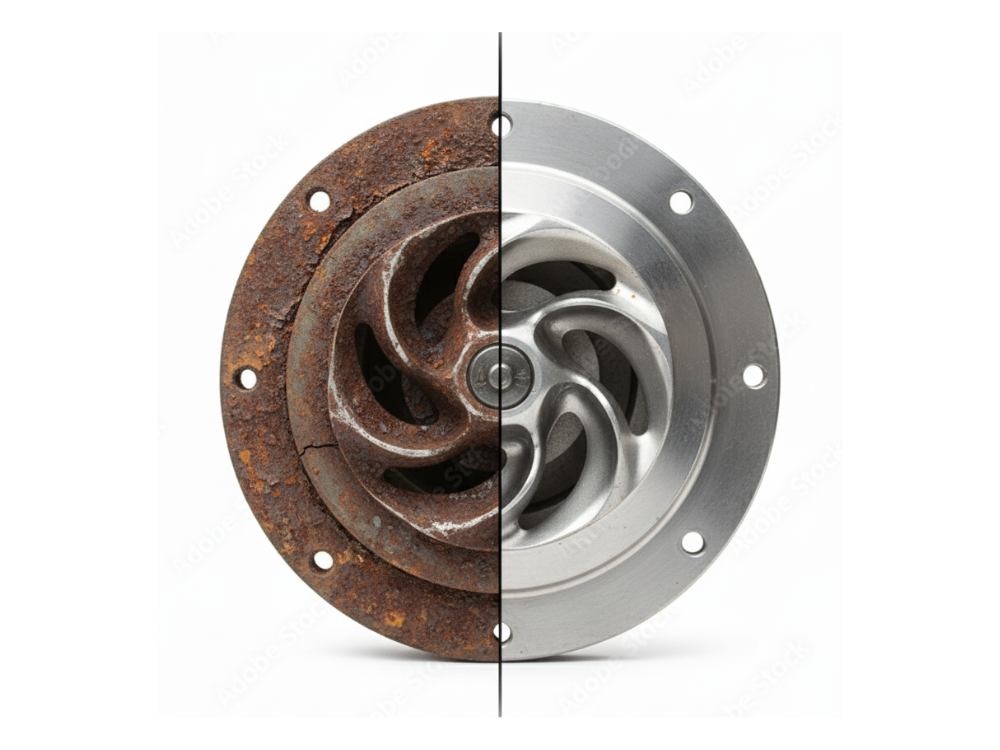 Side-by-side comparison of a severely corroded, rusted water pump impeller due to dirty water tank and a clean, new impeller