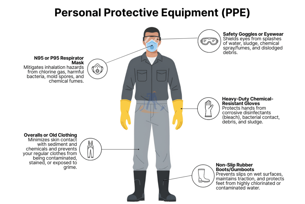 A person wearing the complete set of safety gear for DIY water tank cleaning, including goggles, respirator mask, gloves, and rubber boots.