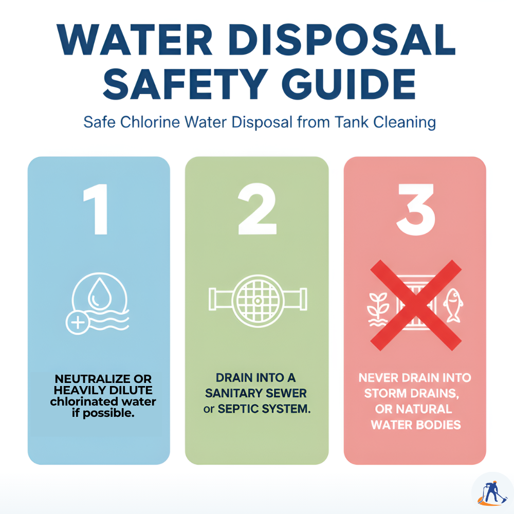Infographic showing the safe, 3-step process for disposing of chlorinated water from a water tank cleaning