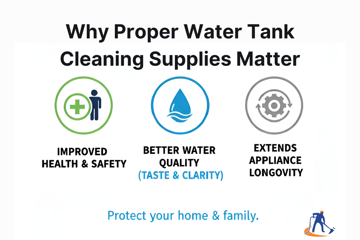 An infographic showing three benefits of using proper water tank cleaning supplies: improved health and safety, better water quality with improved taste and clarity, and extended appliance longevity.